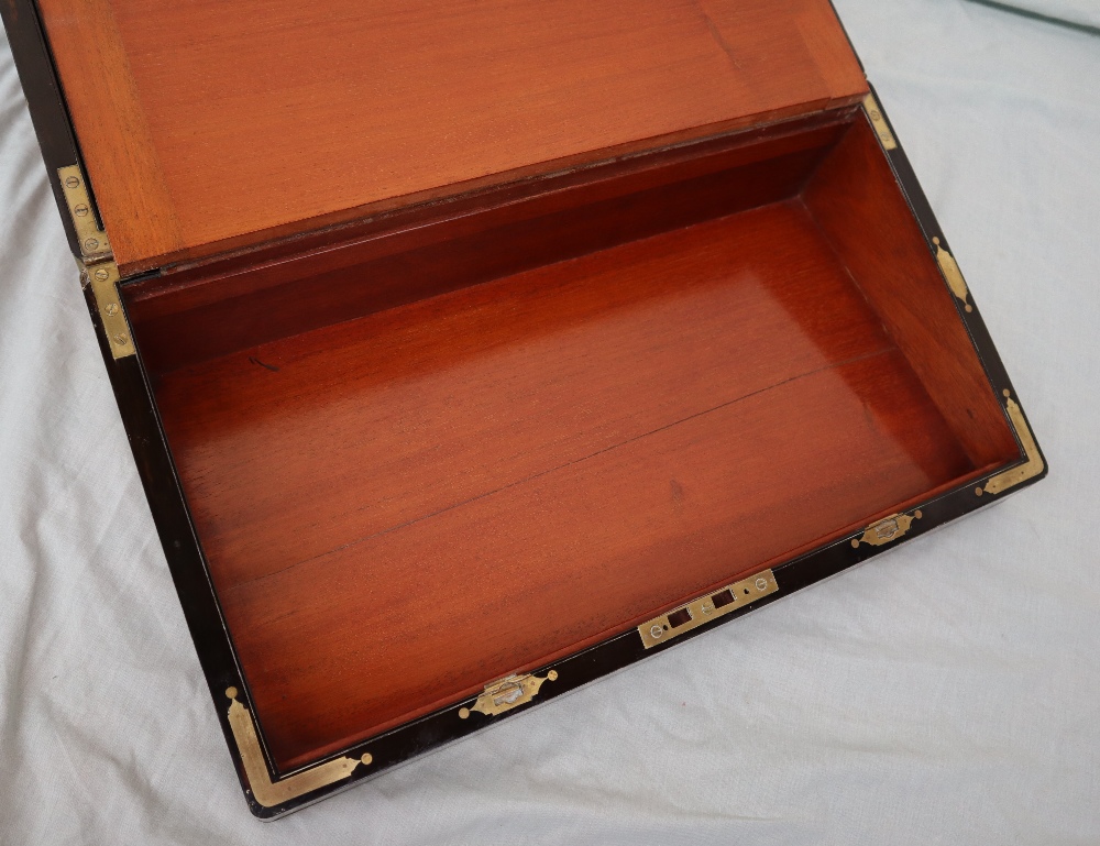 A Victorian burr walnut writing slope, of rectangular form with brass inlay and stringing, - Image 9 of 11