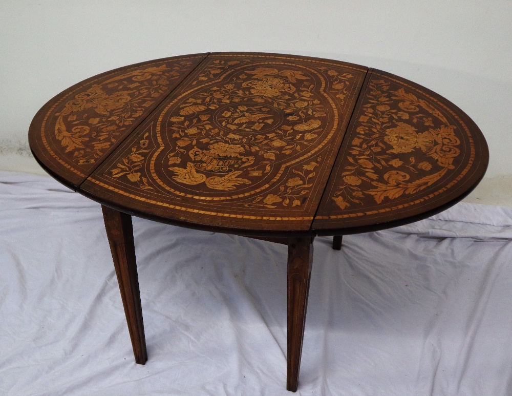 A 19th century continental inlaid Pembroke table, decorated with vases of flowers,