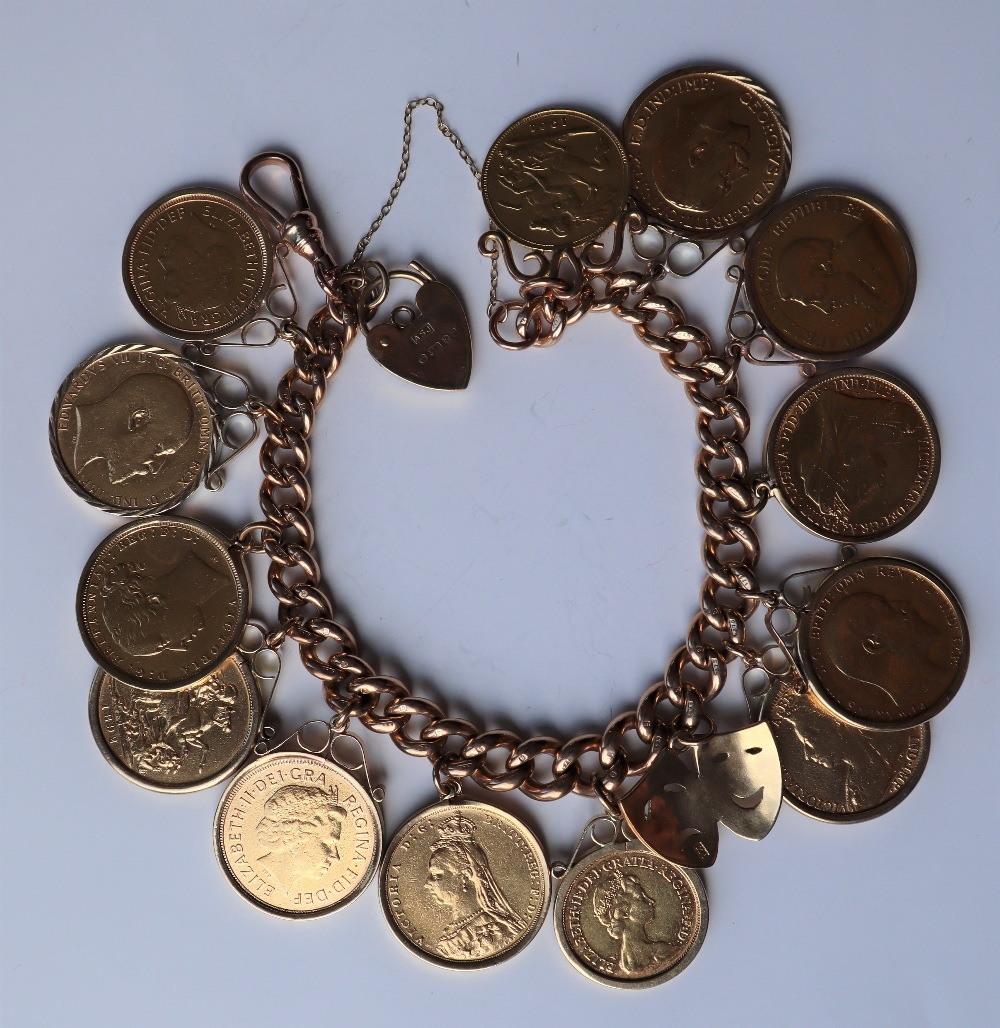 A 9ct gold solid curb bracelet mounted with nine sovereigns, dated 1912, 1898, 1904, 1896, 1889, - Image 4 of 5