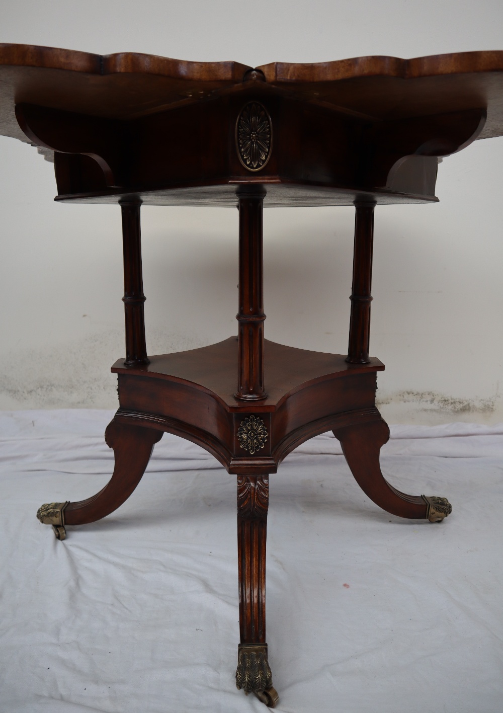 A reproduction mahogany games table, of lobed shape with four drop flaps, - Image 3 of 7