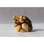 A 19th century Japanese ivory netsuke depicting a shi shi lion dog on a ball,