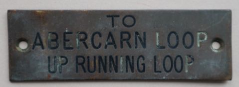 Railwayana - A brass signal box shelfplate "TO ABERCARN LOOP UP RUNNING LOOP", 12 x 3.