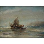F Abraham Ships moored off the coast Oil on board Signed 21 x 29.