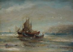 F Abraham Ships moored off the coast Oil on board Signed 21 x 29.