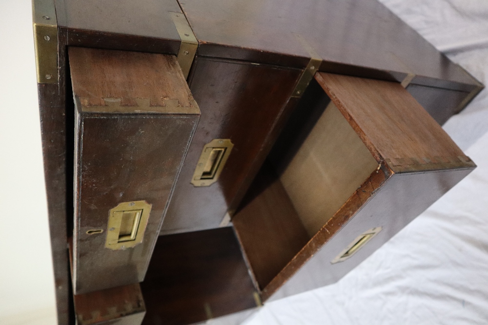 A 19th century mahogany campaign desk, the rectangular brass bound inset top above three drawers, - Image 6 of 6