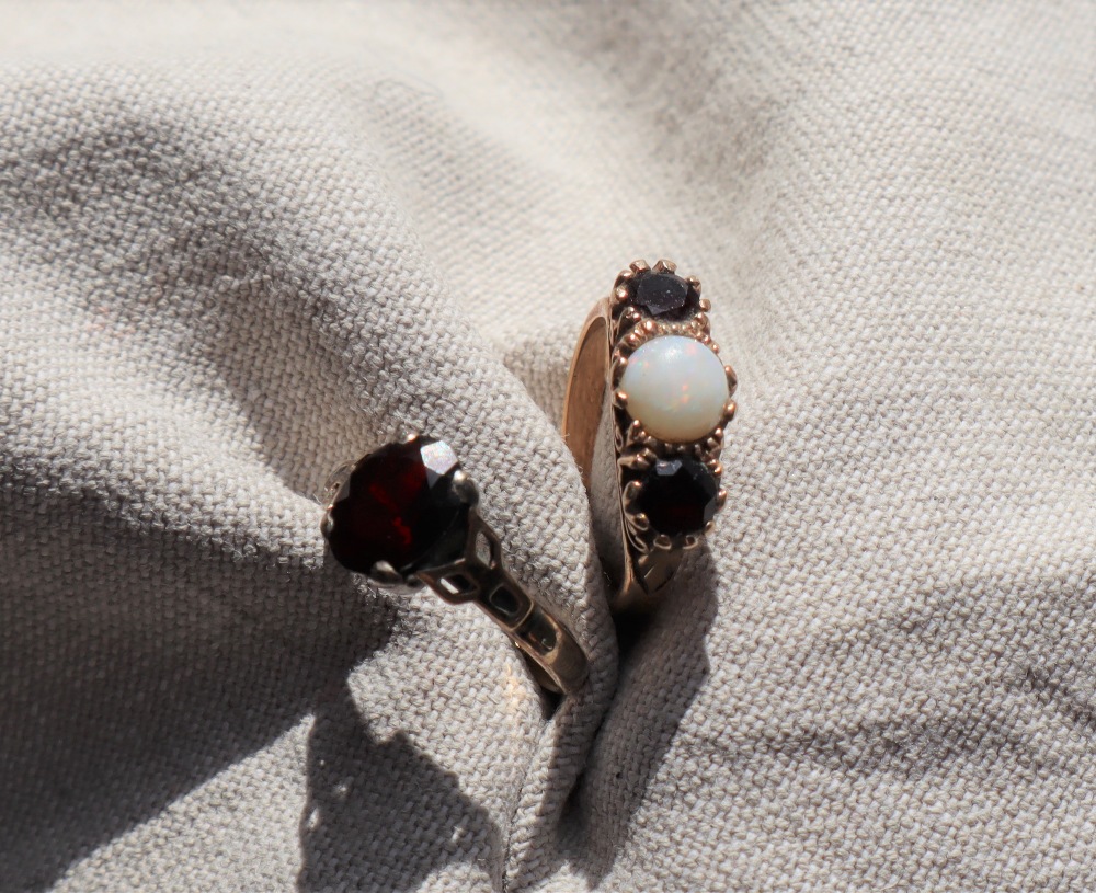 A 9ct gold opal and garnet ring, - Image 2 of 6
