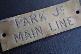 Railwayana - A brass signal box shelfplate "PARK JC MAIN LINE", 12 x 3.