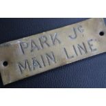 Railwayana - A brass signal box shelfplate "PARK JC MAIN LINE", 12 x 3.