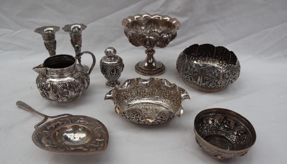 An Indian white metal pedestal bowl,