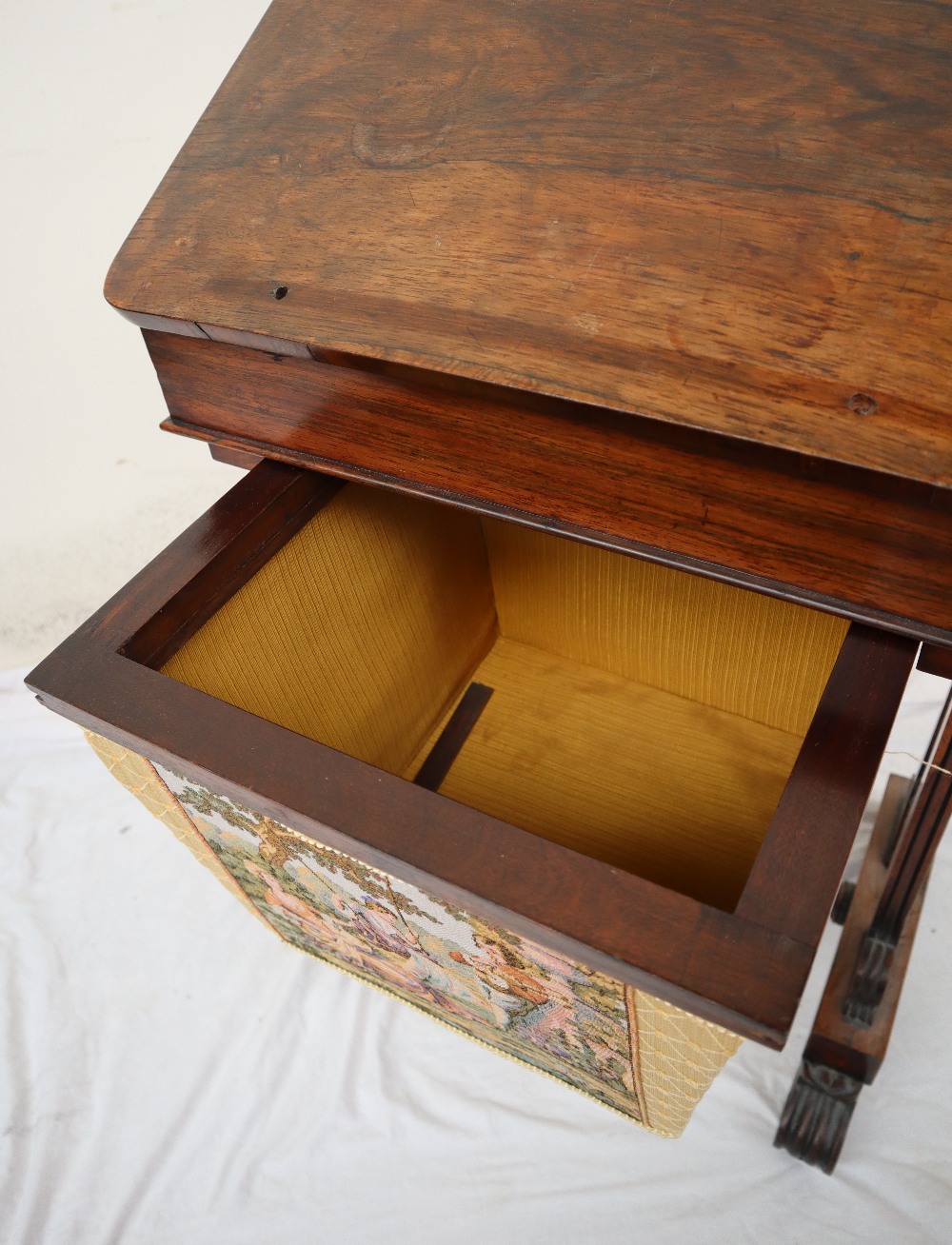 An early Victorian rosewood work table, the hinged top with stay and frieze drawer, - Image 3 of 9