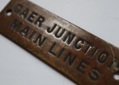 Railwayana - A brass signal box shelfplate "CAER JUNCTION MAIN LINES", 12 x 3.