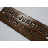 Railwayana - A brass signal box shelfplate "CAER JUNCTION MAIN LINES", 12 x 3.