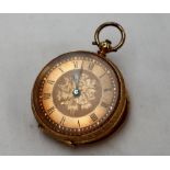 An 18ct yellow gold fob watch, the gilt dial with Roman numerals , the centre engraved with flowers,