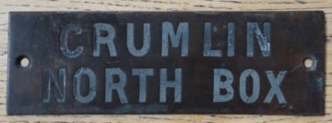 Railwayana - A brass signal box shelfplate "CRUMLIN NORTH BOX", 12 x 3.