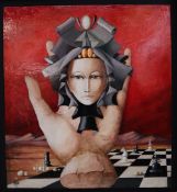 Pierre Chevassu La creation de la femme Oil on board Signed Inscribed verso and dated 2001 54 x