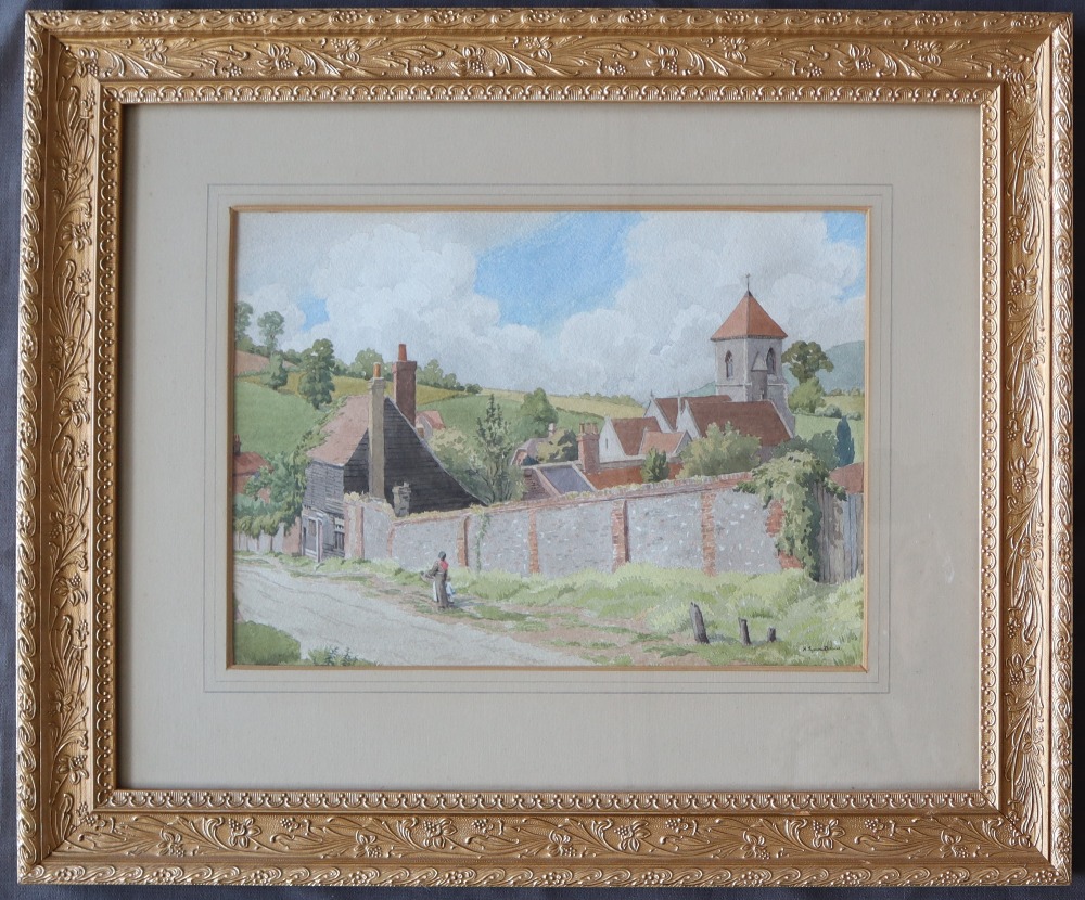 Hilda Eynon Davies A farmstead with a church in the background Watercolour Signed 26 x 36cm - Image 2 of 6