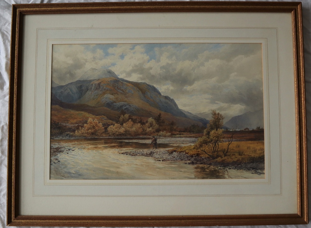 J MacCulloch A landscape scene with a fisherman in the foreground Watercolour Signed and dated - Image 2 of 6