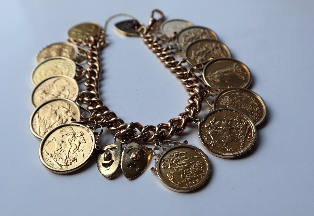 A 9ct gold solid curb bracelet mounted with nine sovereigns, dated 1912, 1898, 1904, 1896, 1889,