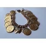 A 9ct gold solid curb bracelet mounted with nine sovereigns, dated 1912, 1898, 1904, 1896, 1889,
