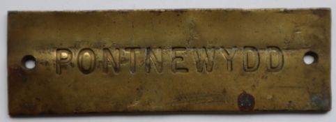 Railwayana - A brass signal box shelfplate "PONTNEWYDD", 12 x 3.