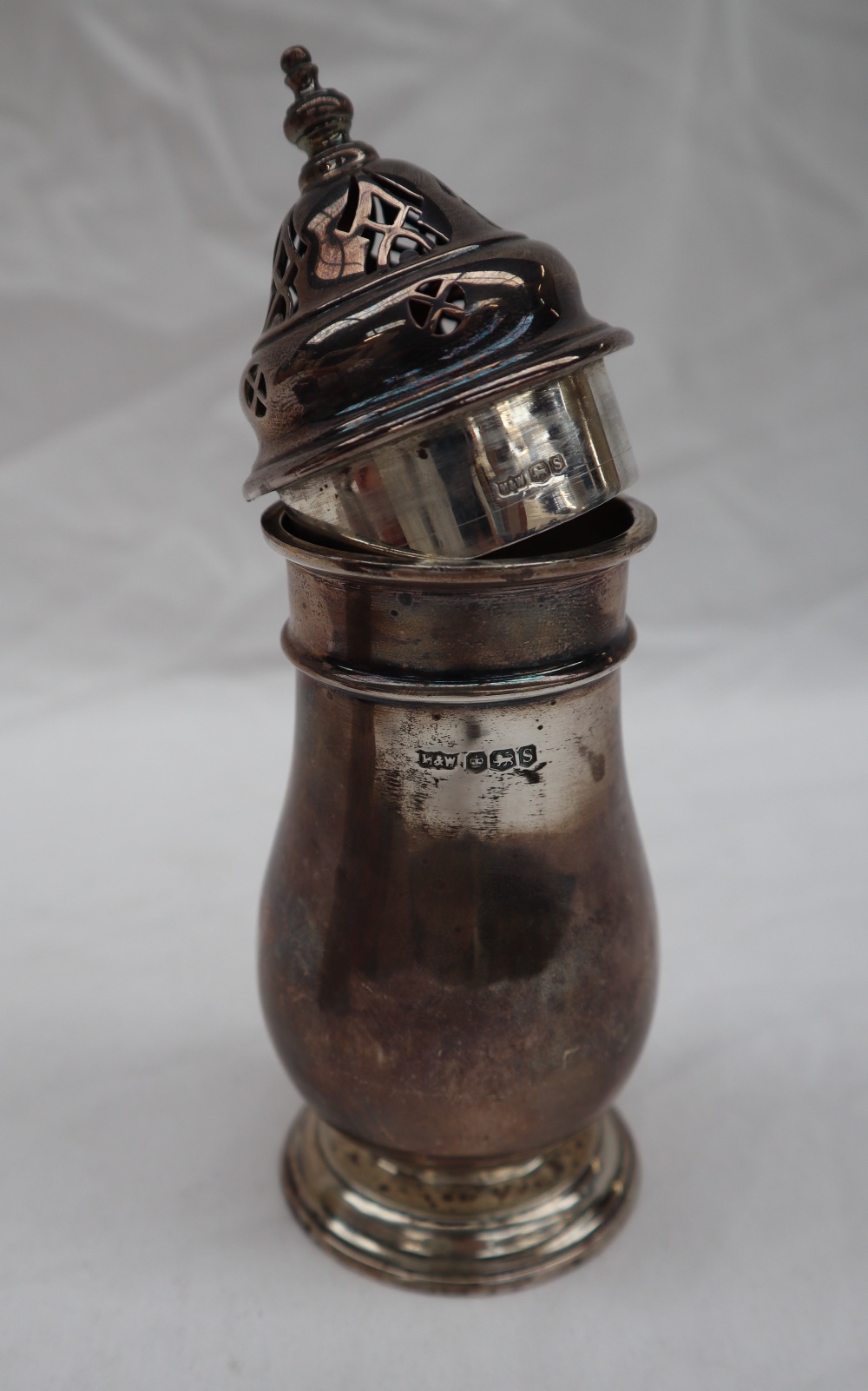 An Elizabeth II silver sugar caster, with a turned pierced domed top, - Image 3 of 4