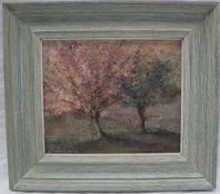 Leonard Beard Blossom Trees Oil on board Signed Inscribed verso 23.5 x 28.