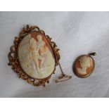 A shell cameo brooch, carved with Romeo and Juliet, to a gilt metal mount, overall 70mm x 60mm,