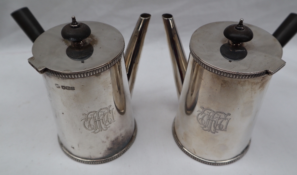 A George V silver four piece set comprising a pair of chocolate pots, - Image 6 of 15