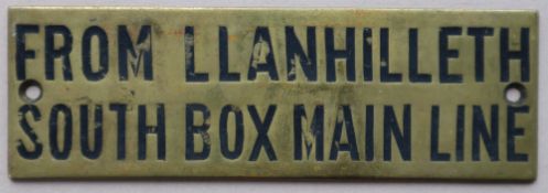 Railwayana - A brass signal box shelfplate "FROM LLANHILLETH SOUTH BOX MAIN LINE", 12 x 3.