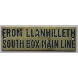 Railwayana - A brass signal box shelfplate "FROM LLANHILLETH SOUTH BOX MAIN LINE", 12 x 3.