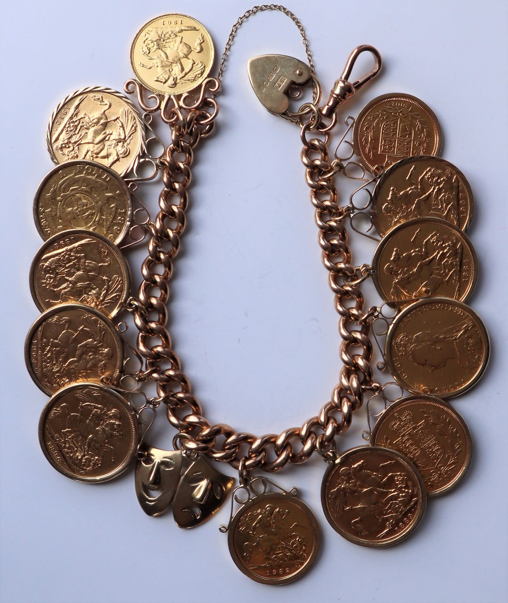 A 9ct gold solid curb bracelet mounted with nine sovereigns, dated 1912, 1898, 1904, 1896, 1889, - Image 3 of 5