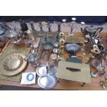 Assorted electroplated wares, brass candlesticks,