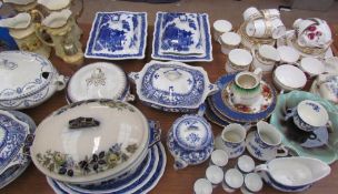 Blue and white pottery tureens together with part tea sets, Wedgwood plates,