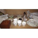 An oak box and cover together with bird painted tazzas, Susie Cooper part tea set,