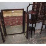 A mahogany folding cake stand together with a triptych mirror