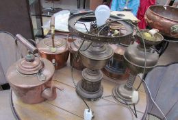 A copper lamp together with copper kettles, oil lamps,