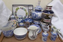 A blue and white pottery table lamp together with a faux oil lamp, blue and white part tea set,