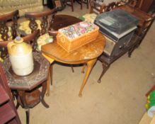 A Chinese carved hardwood occasional table together with a stoneware storage jar, a walnut table,