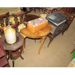 A Chinese carved hardwood occasional table together with a stoneware storage jar, a walnut table,