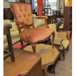 An Edwardian inlaid occasional table together with two elbow chairs, a whatnot,