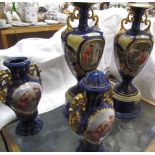 A pair of pottery vases decorated with Grecian figures in landscapes,