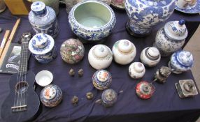 A collection of modern Chinese blue and white and polychrome decorated ginger jars and covers,