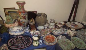 A Masons oriental decorated jug together with stoneware plates, dishes, tureens, teapots,