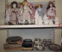 Assorted collectors dolls together with records, an Ironstone part tea set,