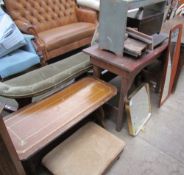 A teak wall mirror together with another mirror, a pine table, a stool,