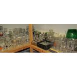 Assorted drinking glasses, together with vases, bowls, decanters, prints,