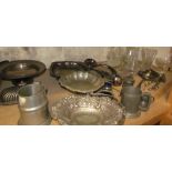 Assorted electroplated wares including a swing handled cake basket, dishes,