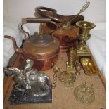 A copper coal scuttle together with a copper kettle, brass urn, horse riding figure,