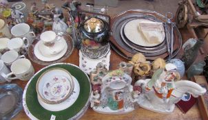 Staffordshire watch groups together with electroplated trays, commemorative china, pottery figures,