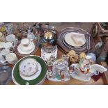 Staffordshire watch groups together with electroplated trays, commemorative china, pottery figures,